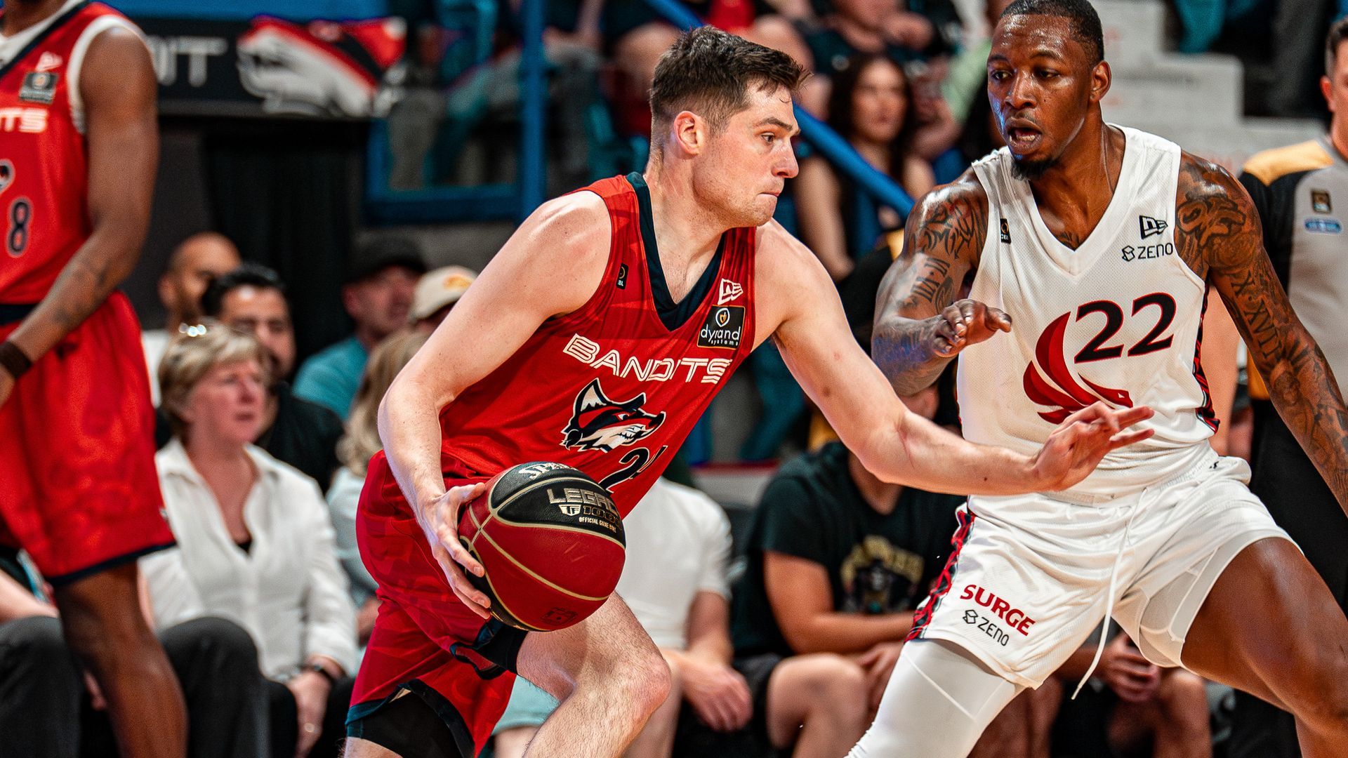 A Vancouver Bandits player protects the ball from a defender